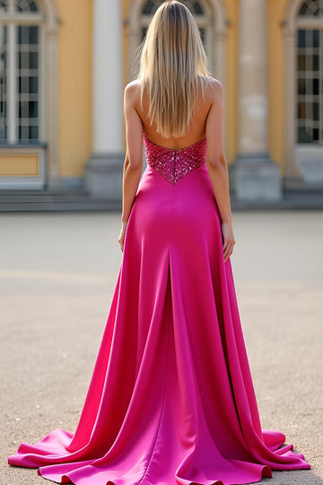 Fuchsia A Line Strapless Corset Sequin Formal Dress